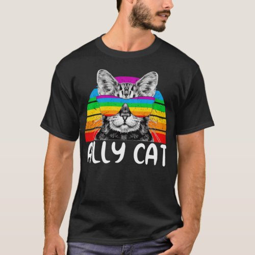 Ally Cat Rainbow Sunglasses LGBT Gay Pride  T_Shirt