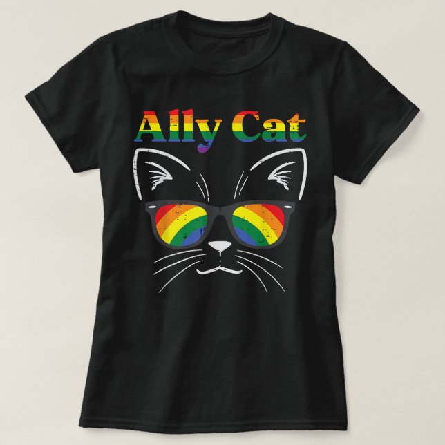 Ally Cat Sunglasses Gay Rainbow Pride LGBT Support T-Shirt (Design Front)