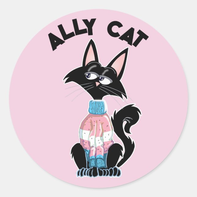 Ally cat with transgender pride colors classic round sticker (Front)