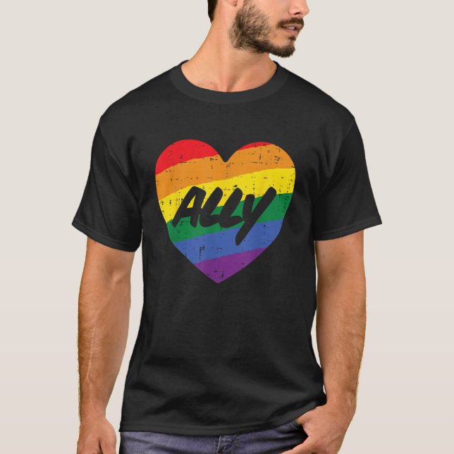 Ally Heart Gay Rainbow Pride Flag LGBTQ Support Me T-Shirt (Front)