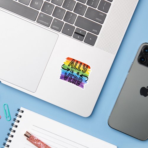 Ally is a Verb Watercolor Rainbow LGBTQ Pride Sticker