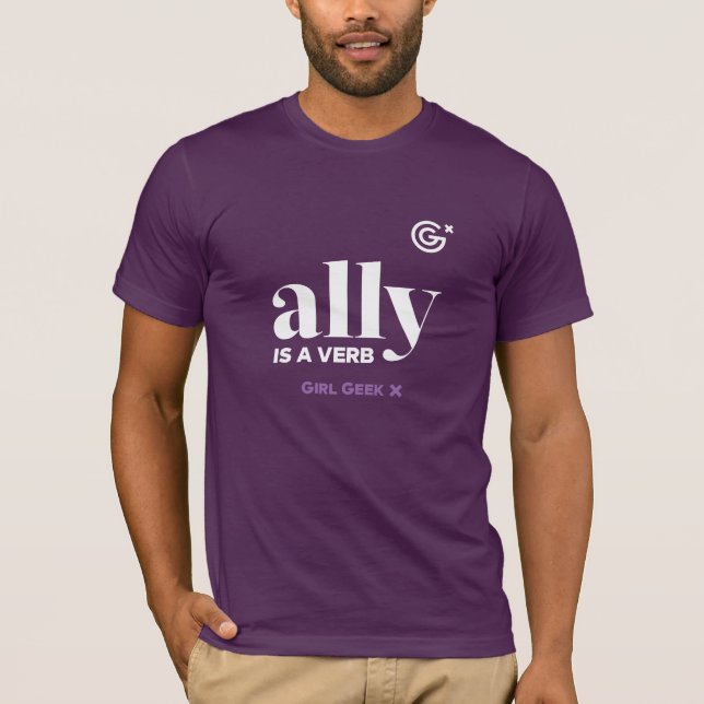Ally Is a Verb - White Logo on Men's Purple Tee (Front)