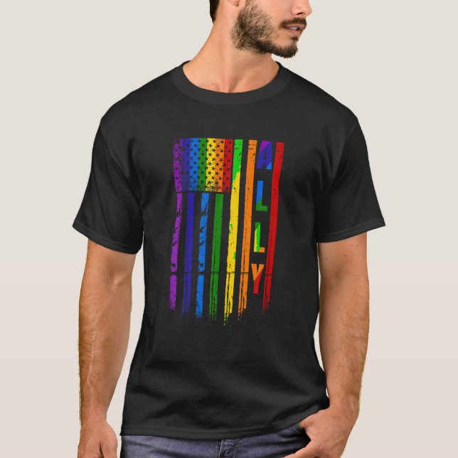 Ally LGBT LGBTQ Rainbow Pride American Flag 4th of T-Shirt (Front)