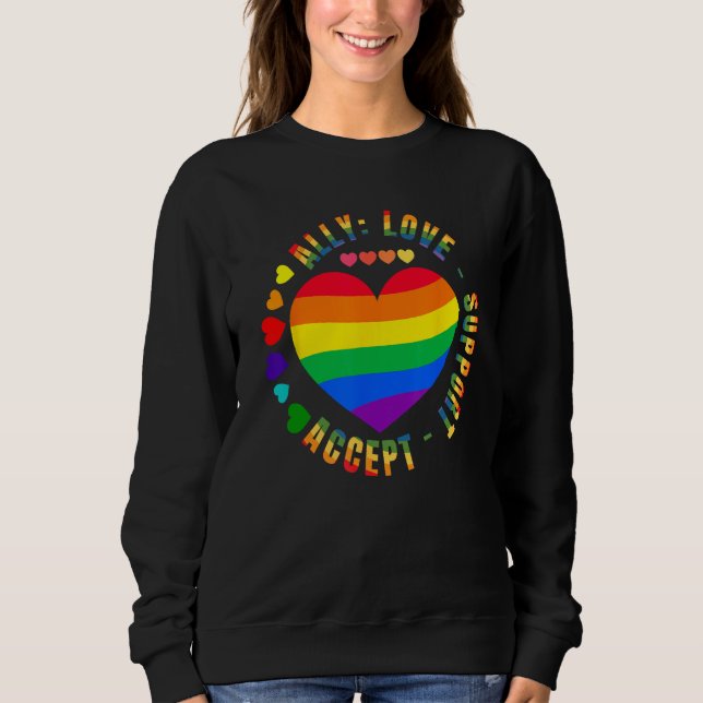 Ally Love Support Accept LGBTQ+ Rainbow Heart Gay  Sweatshirt (Front)