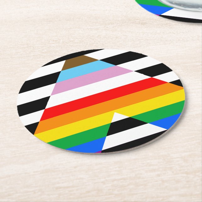 Ally Progress Pride Flag Round Paper Coaster (Angled)