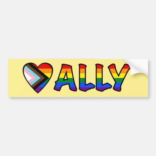 Ally with Progress Pride Flag Filled Letters Bumper Sticker