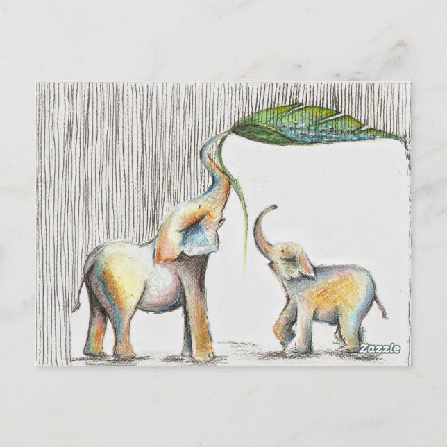 Almofada Baby and Mom Elephant Watercolor Postcard (Back)