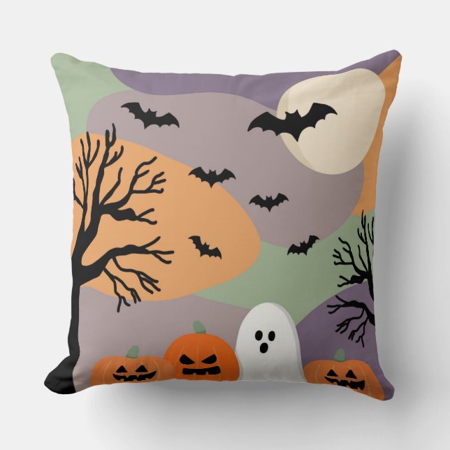 Almofada noite de halloween abóboras e fantasmas throw pillow (Front)