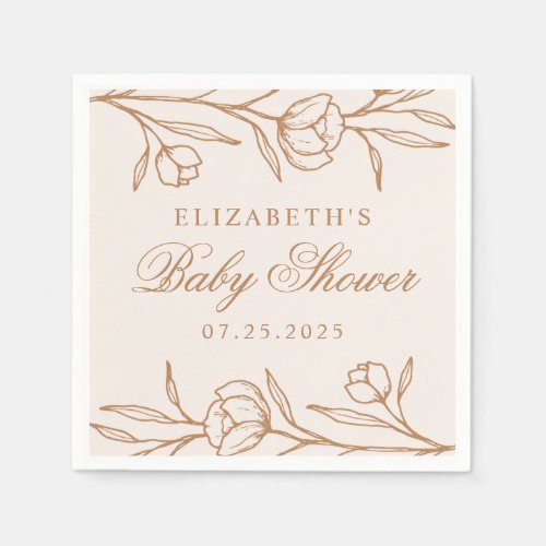 Almond and Copper Sketched Floral Baby Shower Napkins
