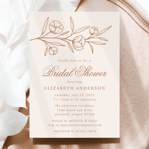 Almond and Copper Sketched Floral Bridal Shower Invitation