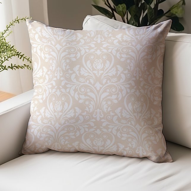 Almond Beige Large Rosebud Damask Pattern Throw Pillow (Creator Uploaded)