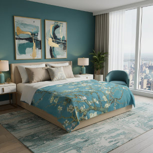  Almond Blossom Floral Boho Blue Classic Art Fleece Blanket