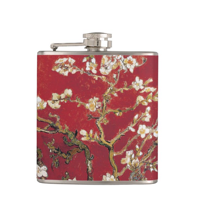Almond Blossoms Red Vincent van Gogh Art Painting Flask (Front)