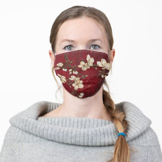 Almond blossoms with red textured background adult cloth face mask (Worn)