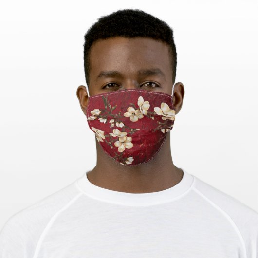 Almond blossoms with red textured background adult cloth face mask (Worn)