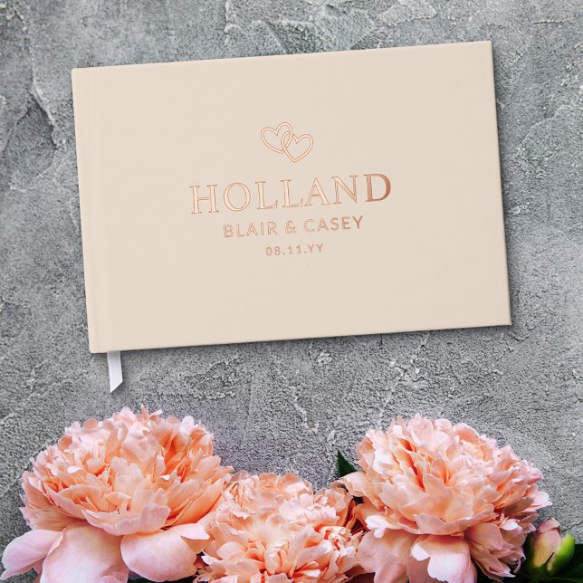 Almond Interlocked Hearts Romantic Wedding Foil Guest Book (Creator Uploaded)
