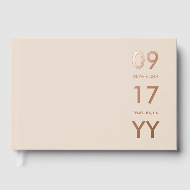 Almond Rose Gold Modern Wedding Date Typography Foil Guest Book (Front)