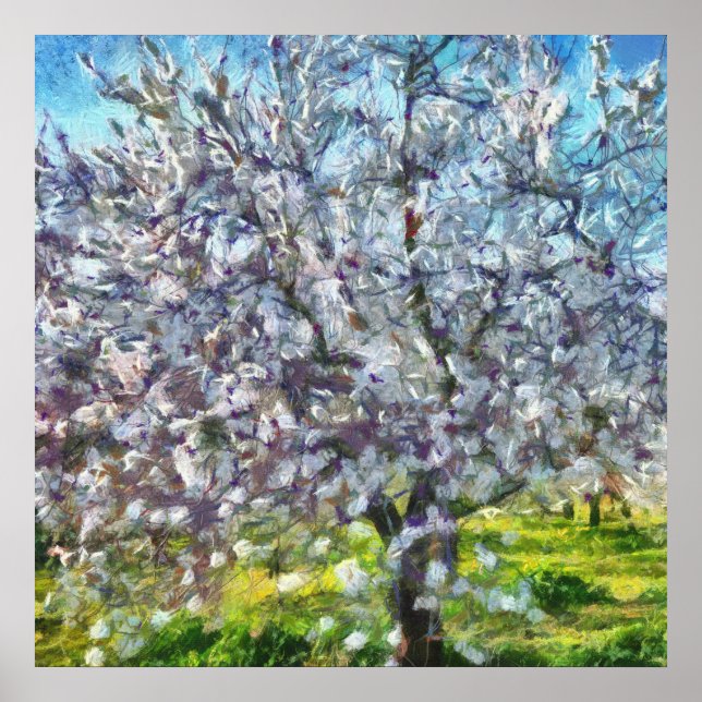 Almond Tree Blossom Dotted Art Style Painting Poster (Front)