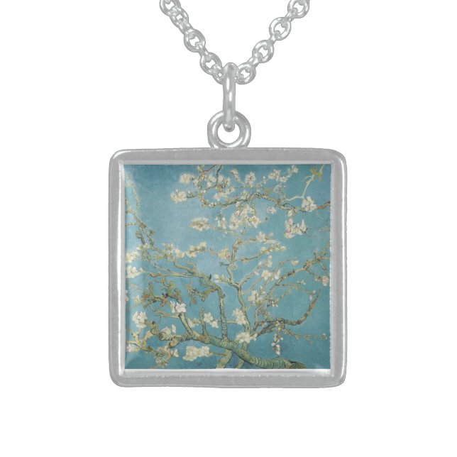 Almond tree in blossom by Vincent Van Gogh Sterling Silver Necklace (Front)