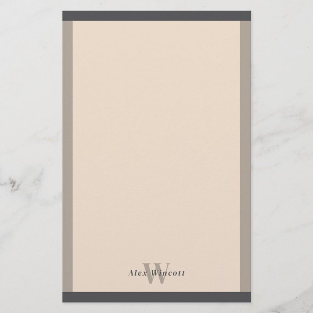 Almond Warm Gray Borders Monogrammed Stationery (Front)