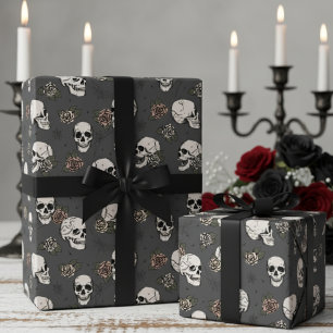 Almost Black Pink Gothic Skulls and Roses Floral Wrapping Paper