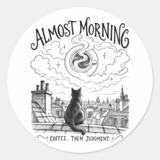 Almost Morning Black Cat Coffee Rooftop Art Classic Round Sticker