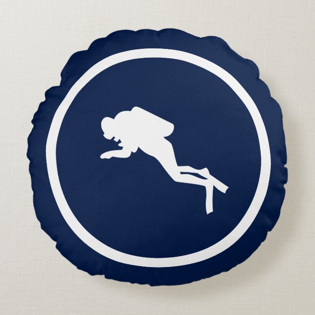 Almost Navy blue DOLPHIN AND SCUBA DIVER nautical Round Pillow (Front)