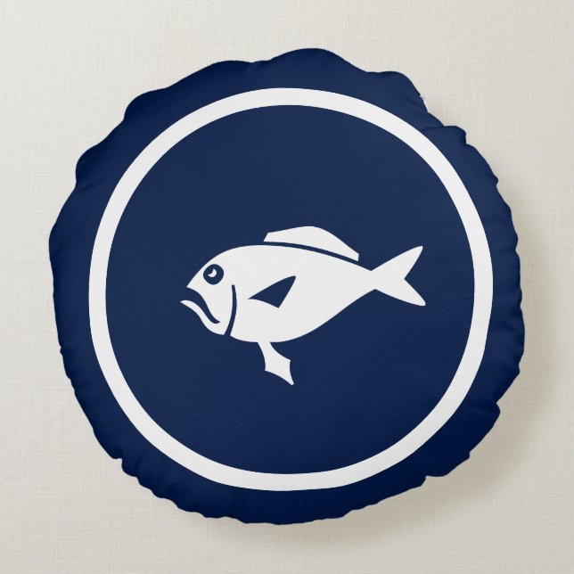Almost Navy blue FISH nautical Round Pillow (Back)