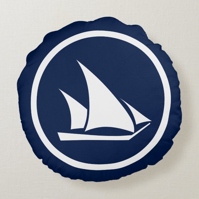 Almost Navy blue Sailboat Seahorses nautical Round Pillow (Back)