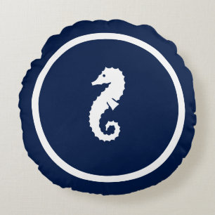 Almost Navy blue Seahorses nautical design Round Pillow