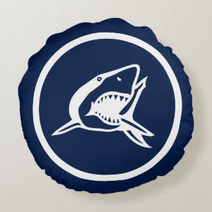 Almost Navy blue wGreat white shark nautical Round Pillow