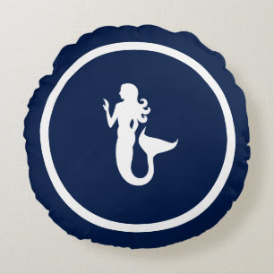 Almost Navy blue + white mermaid nautical Round Pillow