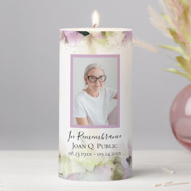 Almost Pink Hydrangea Flowers Funeral Memorial Pillar Candle (In Situ)