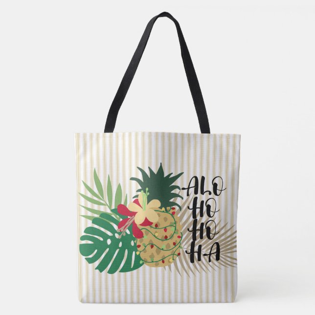 ALO-HO-HO-HA Hawaiian Tropical Pineapple Beach Bag (Front)