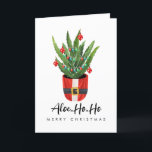 Aloe Ho Ho Merry Christmas Santa Houseplant Holida Holiday Card<br><div class="desc">Illustration of aloe plant decorated with Christmas lights and Christmas ornaments in santa suit pot.  Text says,  "Aloe-Ho-Ho Merry Christmas"</div>