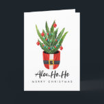 Aloe Ho Ho Merry Christmas Santa Houseplant Holida Holiday Card<br><div class="desc">Illustration of aloe plant decorated with Christmas lights and Christmas ornaments in santa suit pot.  Text says,  "Aloe-Ho-Ho Merry Christmas"</div>
