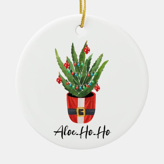 Aloe Ho Ho Santa Houseplant Christmas Ceramic Ornament (Front)