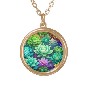 Aloe Vera and Succulents Collage Gold Plated Necklace