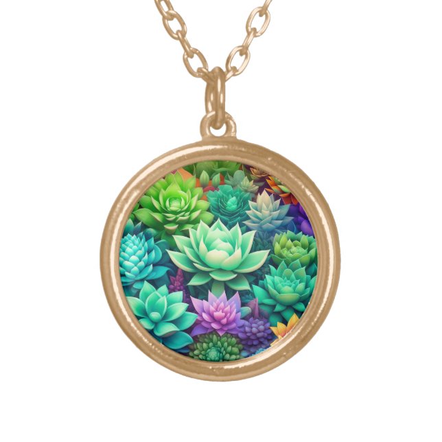 Aloe Vera and Succulents Collage  Gold Plated Necklace (Front)