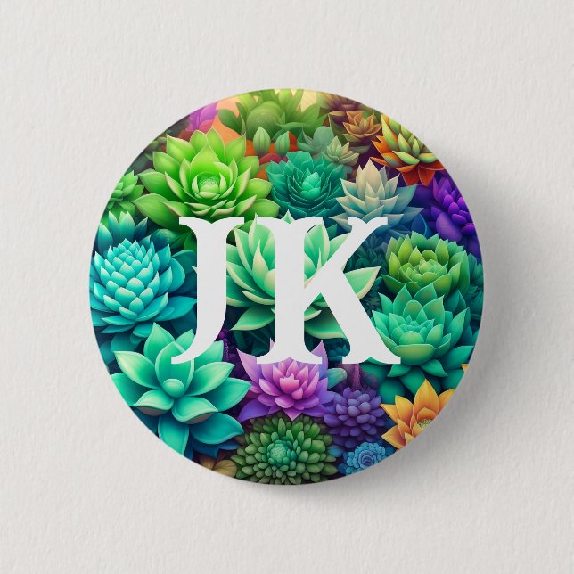 Aloe Vera and Succulents Collage Monogrammed Button (Front)