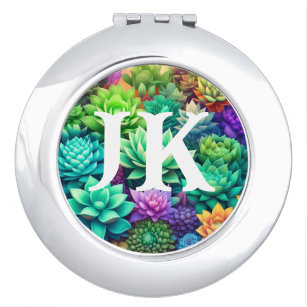 Aloe Vera and Succulents Collage Monogrammed Compact Mirror