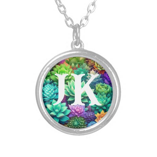 Aloe Vera and Succulents Collage Monogrammed Silver Plated Necklace