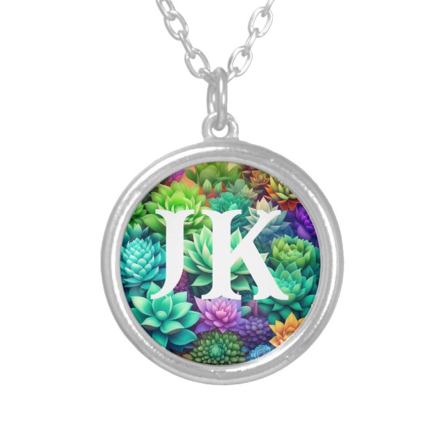 Aloe Vera and Succulents Collage Monogrammed Silver Plated Necklace (Front)