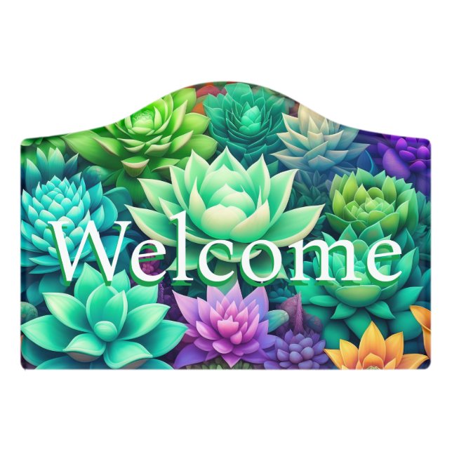 Aloe Vera and Succulents Collage Welcome Door Sign (Small Crest Front)