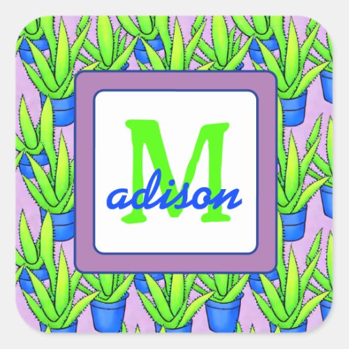 Aloe Vera Plants Pattern Monogrammed Square Sticker