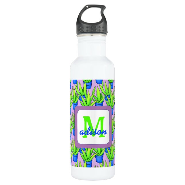 Aloe Vera Plants Pattern Monogrammed Stainless Steel Water Bottle (Front)
