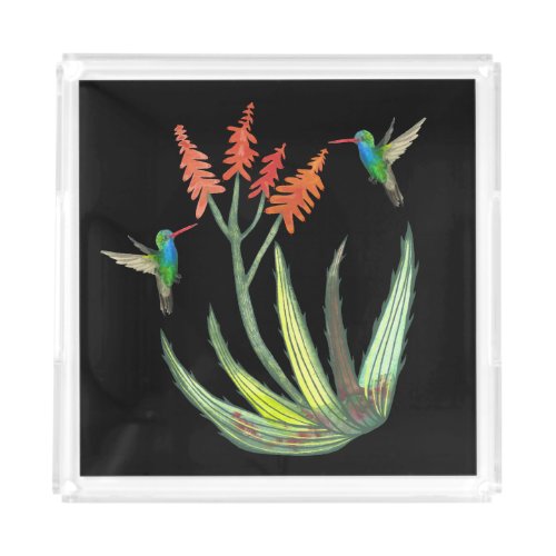 Aloe Vera Succulent Flower Hummingbirds Watercolor Acrylic Tray