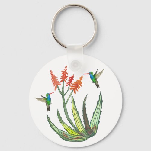 Aloe Vera Succulent Flower Hummingbirds Watercolor Keychain