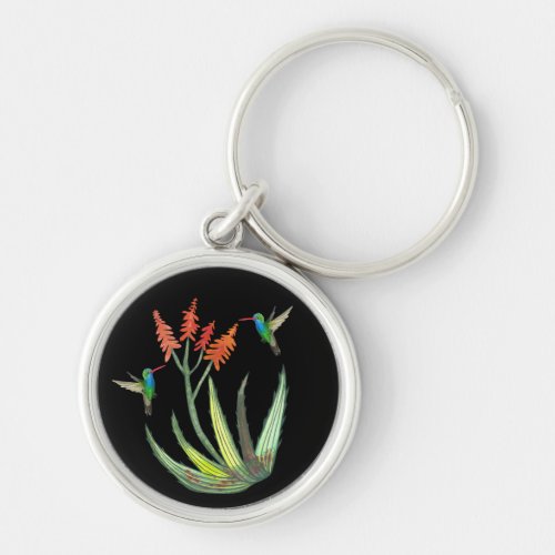 Aloe Vera Succulent Flower Hummingbirds Watercolor Keychain