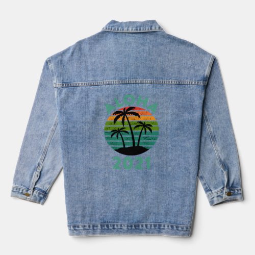 Aloha 2021 Hawaiian Retro Vintage Sunset Palm Tree Denim Jacket